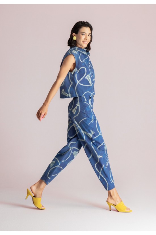 Γυναικείο μπλε slouchy παντελόνι με print - Moutaki 26.03.62