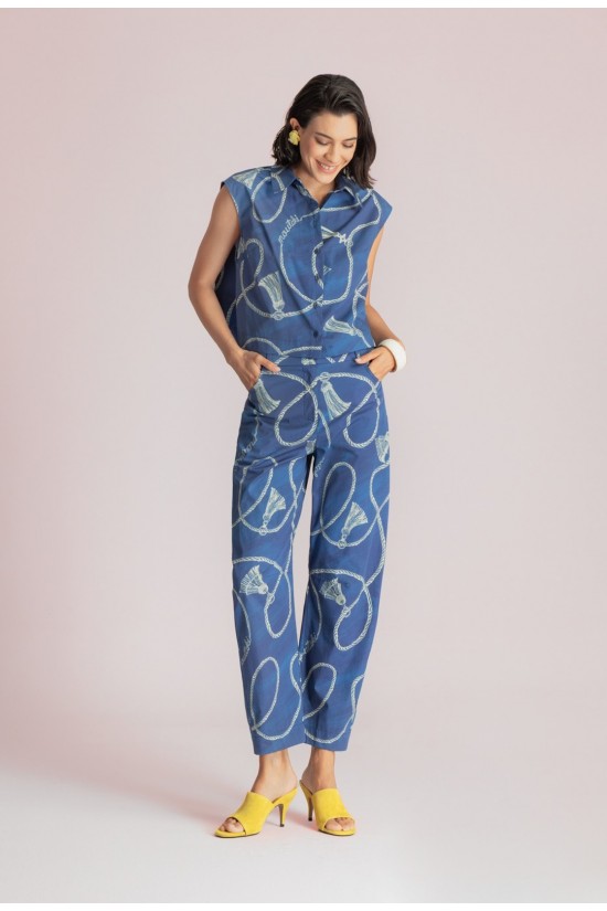 Γυναικείο μπλε slouchy παντελόνι με print - Moutaki 26.03.62