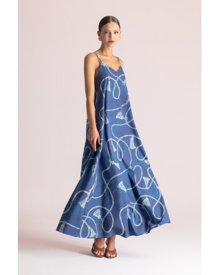 Γυναικείο μπλε αμάνικο φόρεμα με print - Moutaki 26.07.76