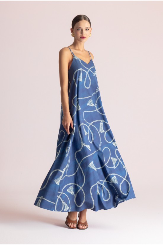 Γυναικείο μπλε αμάνικο φόρεμα με print - Moutaki 26.07.76