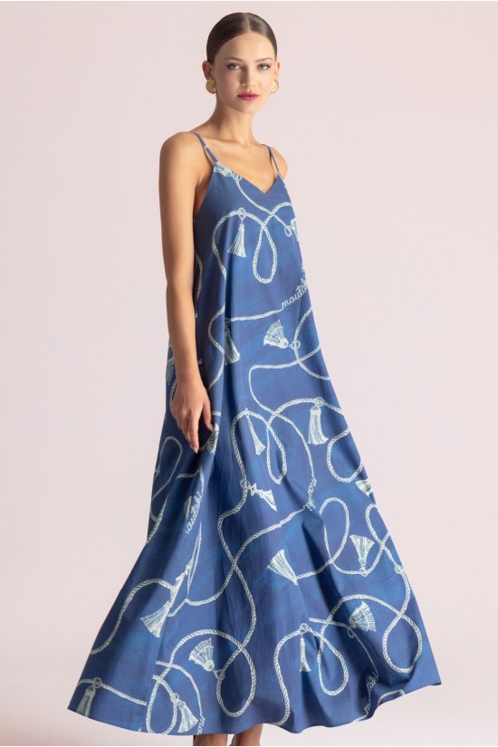 Γυναικείο μπλε αμάνικο φόρεμα με print - Moutaki 26.07.76