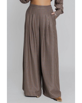 Γυναικεία καφέ καρό παντελόνα με πιέτες - Moutaki 25.03.141 Γυναικεία καφέ καρό παντελόνα με πιέτες - Moutaki 25.03.141