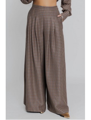 Γυναικεία καφέ καρό παντελόνα με πιέτες - Moutaki 25.03.141