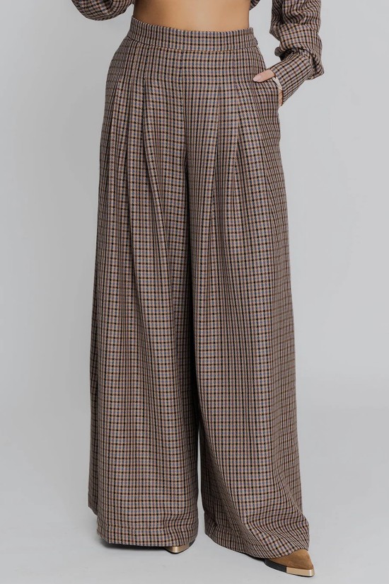 Γυναικεία καφέ καρό παντελόνα με πιέτες - Moutaki 25.03.141 Γυναικεία καφέ καρό παντελόνα με πιέτες - Moutaki 25.03.141