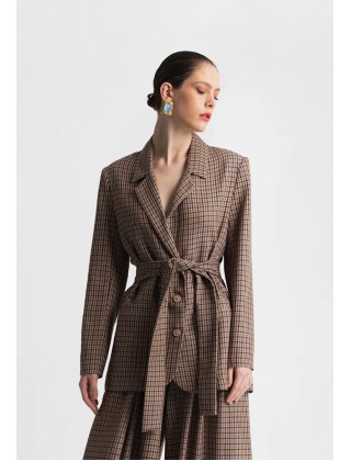 Γυναικείο καρό σακάκι με ζώνη - Moutaki 25.06.117