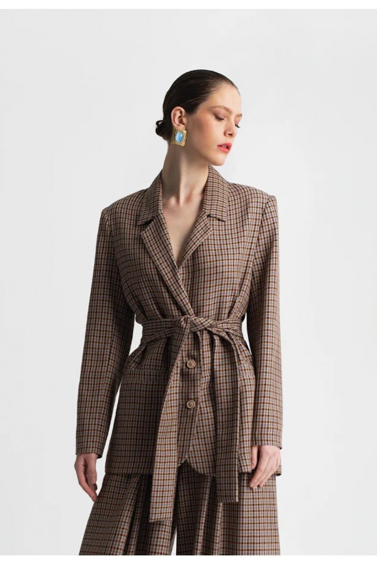 Γυναικείο καρό σακάκι με ζώνη - Moutaki 25.06.117