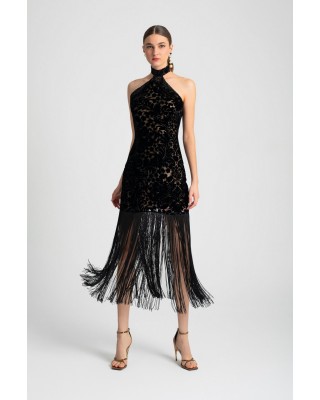 Γυναικείο μαύρο βελουτέ φόρεμα με κρόσια - Moutaki 25.07.119