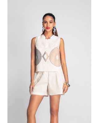 Γυναικείο μπεζ ψηλόμεσο λινό σορτς - Moutaki 25.03.63