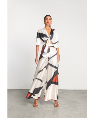 Γυναικεία σατέν εκρού παντελόνα με print - Moutaki 25.03.27