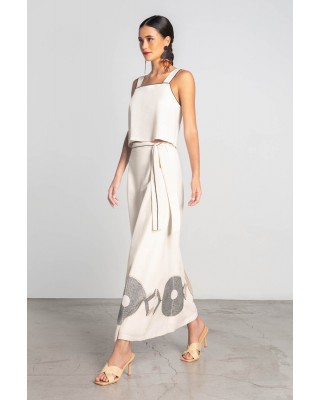 Γυναικεία μπεζ λινή φούστα φάκελος με κεντήματα - Moutaki 25.02.19