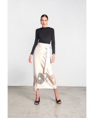 Γυναικεία μπεζ λινή φούστα φάκελος με κεντήματα - Moutaki 25.02.19