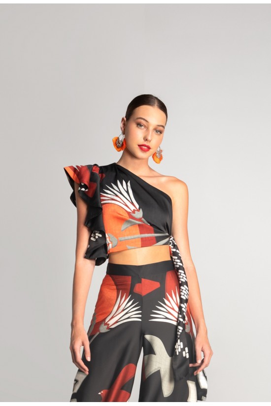 Γυναικείο μαύρο wrap top με print - Moutaki 25.01.09A