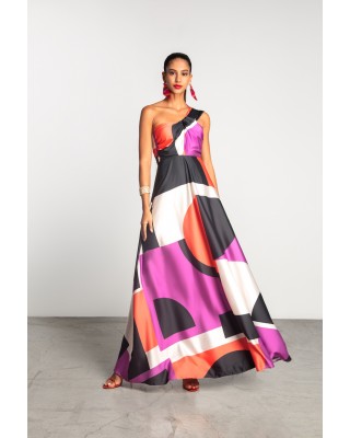 Γυναικείο μάξι εμπριμέ φόρεμα με έναν ώμο - Moutaki 25.07.83