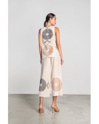 Γυναικείο μπεζ λινό παντελόνι με κεντήματα - Moutaki 25.03.01