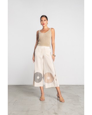 Γυναικείο μπεζ λινό παντελόνι με κεντήματα - Moutaki 25.03.01