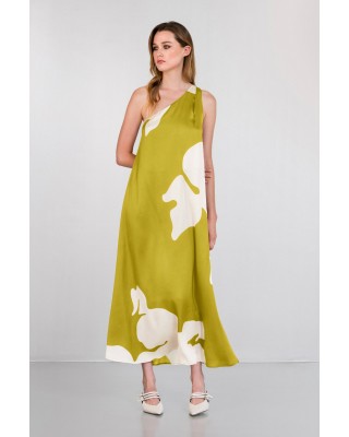 Γυναικεία lime σατέν φόρεμα με έναν ώμο και print - Philosophy DR2824
