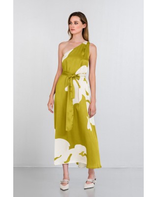 Γυναικεία lime σατέν φόρεμα με έναν ώμο και print - Philosophy DR2824