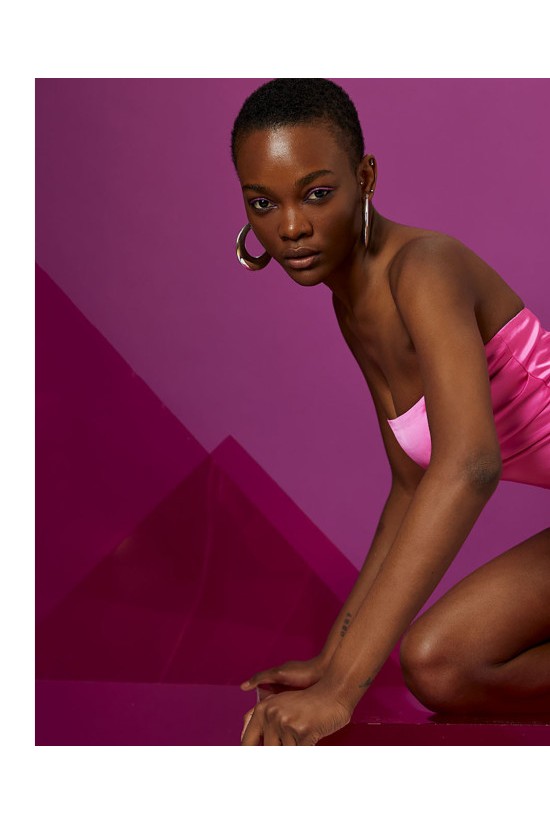 Φούξια φόρεμα στράπλες μίνι ντραπέ - W2-3000 Φούξια φόρεμα στράπλες μίνι ντραπέ - W2-3000