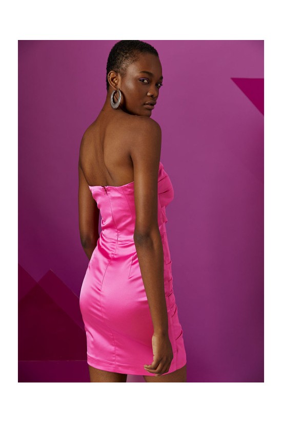 Φούξια φόρεμα στράπλες μίνι ντραπέ - W2-3000 Φούξια φόρεμα στράπλες μίνι ντραπέ - W2-3000