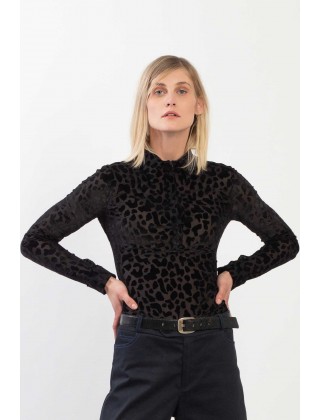 Flock Printing Fitted Polo Neck Top - LS35308.59