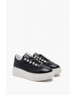 Γυναικείο μαύρο δερμάτινο sneakers - Emanuelle Vee 452P-503-14