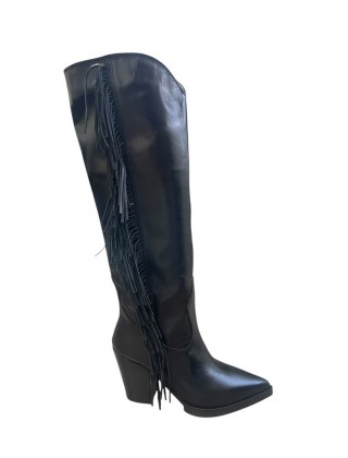 Women's black leather boot with thick heel and fringes - IRIS Sharon