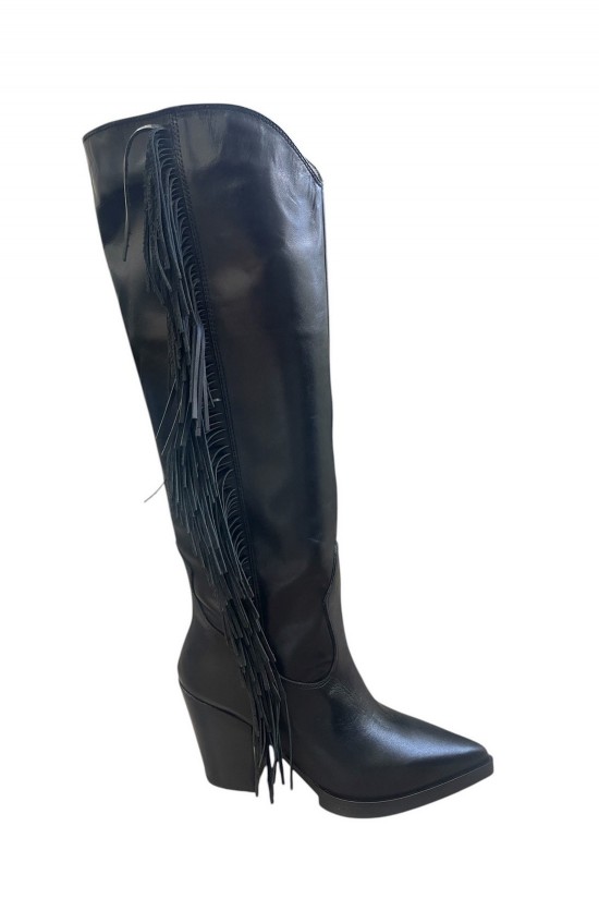 Γυναικεία μαύρη δερμάτινη μπότα με χοντρό τακούνι και κρόσσια - IRIS Sharon