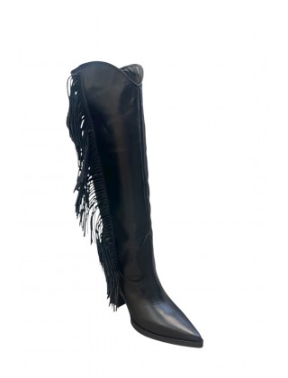 Women's black leather boot with thick heel and fringes - IRIS Sharon