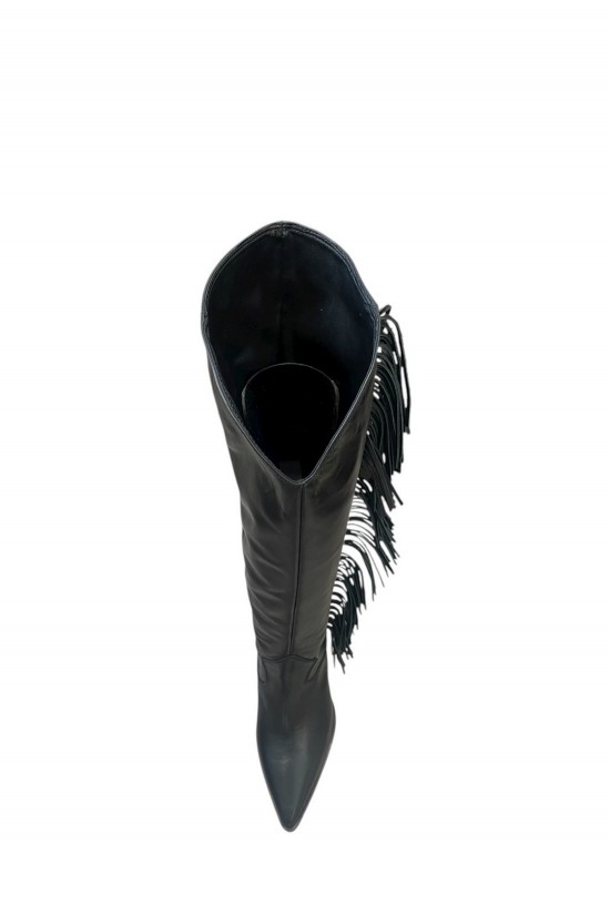 Γυναικεία μαύρη δερμάτινη μπότα με χοντρό τακούνι και κρόσσια - IRIS Sharon