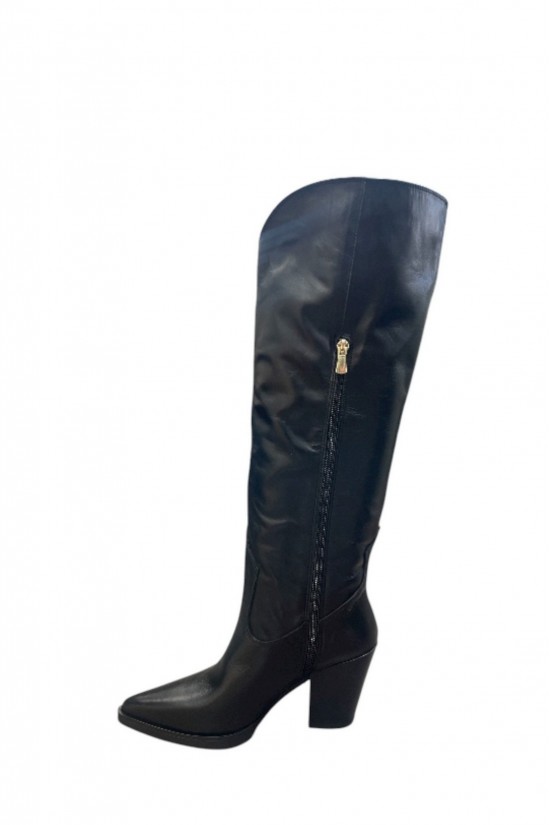 Γυναικεία μαύρη δερμάτινη μπότα με χοντρό τακούνι και κρόσσια - IRIS Sharon