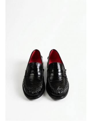 Γυναικεία μαύρα δερμάτινα loafers - KMB A7876