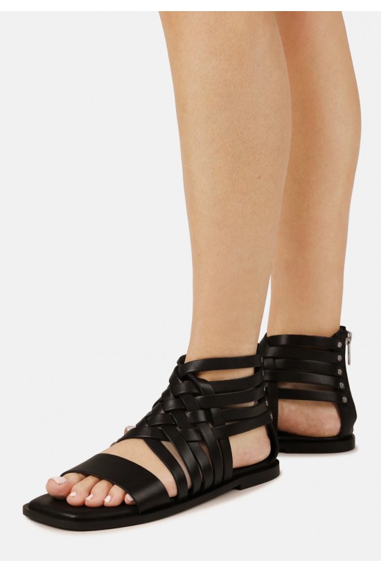 Γυναικεία φλατ δερμάτινα μαύρα σανδάλια - Bronx Kenn-y 85095