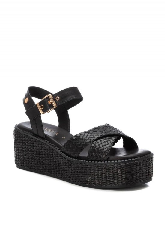 Γυναικεία μαύρη δερμάτινη πλεκτή πλατφόρμα - Carmela 162361