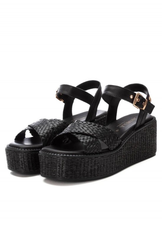 Γυναικεία μαύρη δερμάτινη πλεκτή πλατφόρμα - Carmela 162361