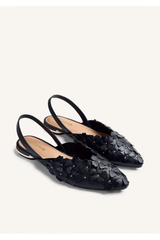 Γυναικεία μαύρα δερμάτινα slingback με λουλούδια - Gioseppo Kinna 78179
