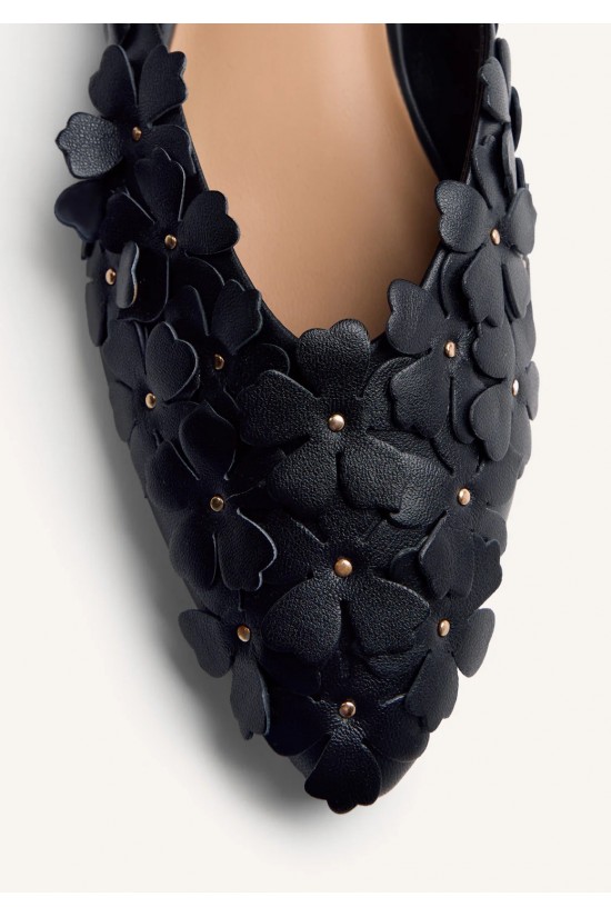 Γυναικεία μαύρα δερμάτινα slingback με λουλούδια - Gioseppo Kinna 78179